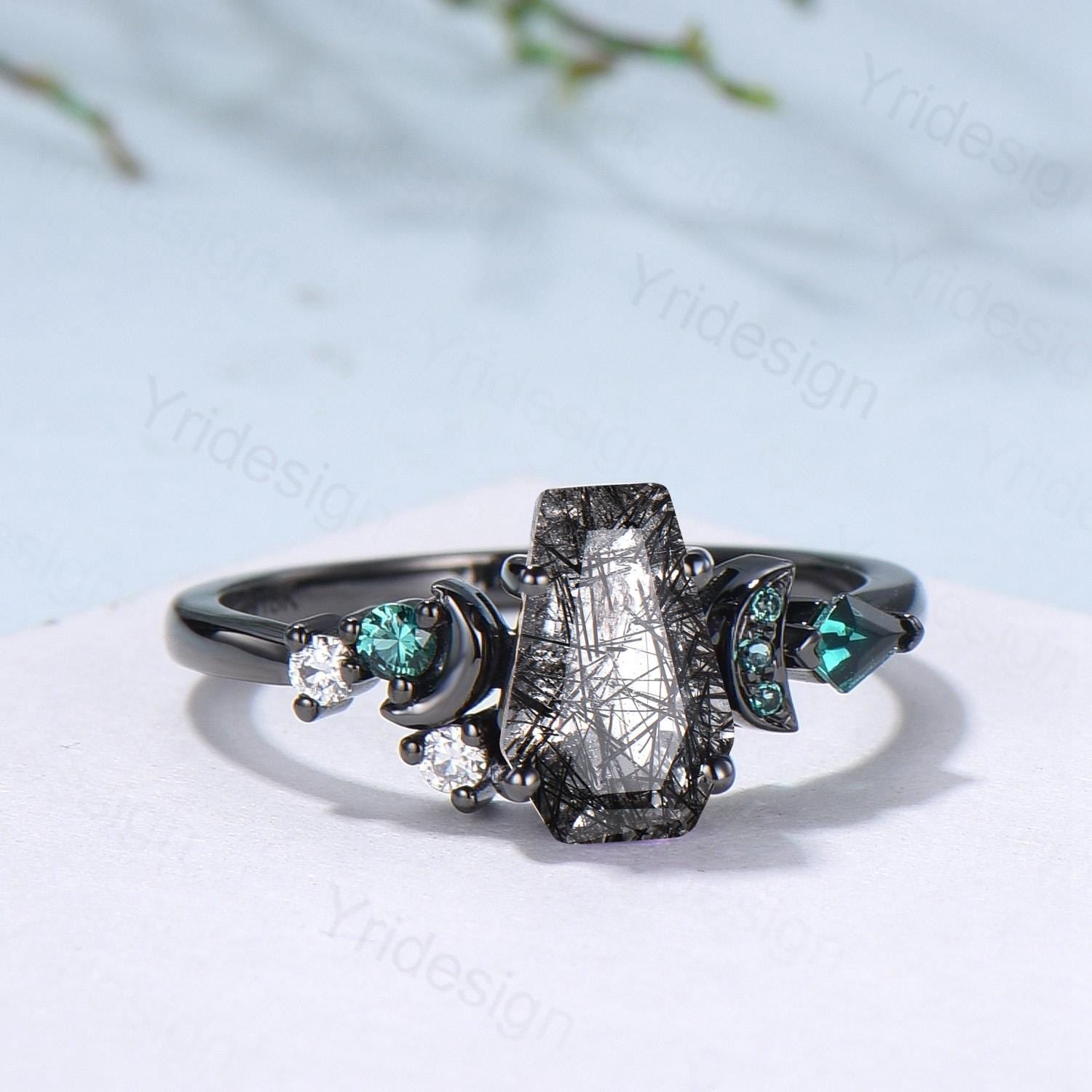 Coffin cut black rutilated quartz ring Black gold gothic engagement ring moon cluster emerald wedding ring anniversary promise ring for girl - PENFINE