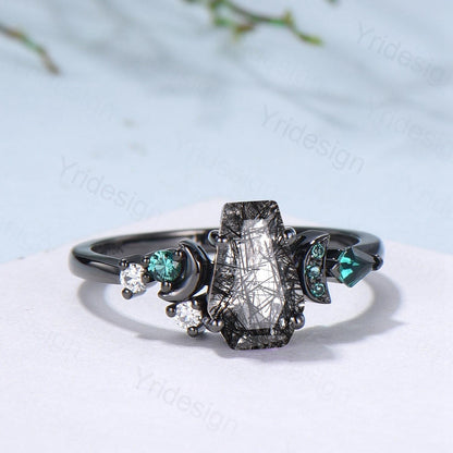 Coffin cut black rutilated quartz ring Black gold gothic engagement ring moon cluster emerald wedding ring anniversary promise ring for girl - PENFINE