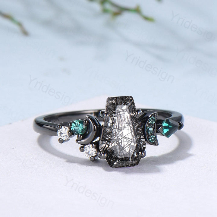 Coffin cut black rutilated quartz ring Black gold gothic engagement ring moon cluster emerald wedding ring anniversary promise ring for girl - PENFINE