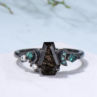 Coffin cut black rutilated quartz ring Black gold gothic engagement ring moon cluster emerald wedding ring anniversary promise ring for girl - PENFINE