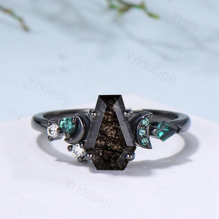 Coffin cut black rutilated quartz ring Black gold gothic engagement ring moon cluster emerald wedding ring anniversary promise ring for girl - PENFINE