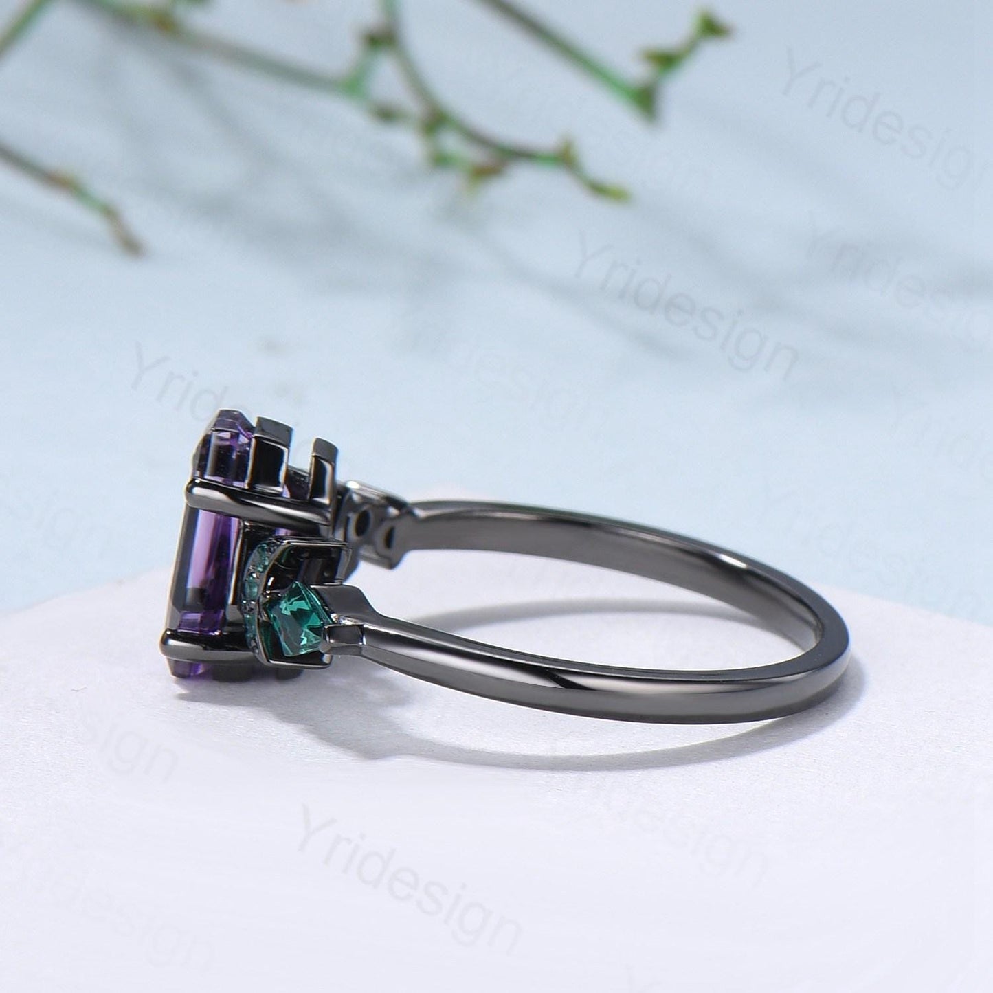 Coffin cut black rutilated quartz ring Black gold gothic engagement ring moon cluster emerald wedding ring anniversary promise ring for girl - PENFINE