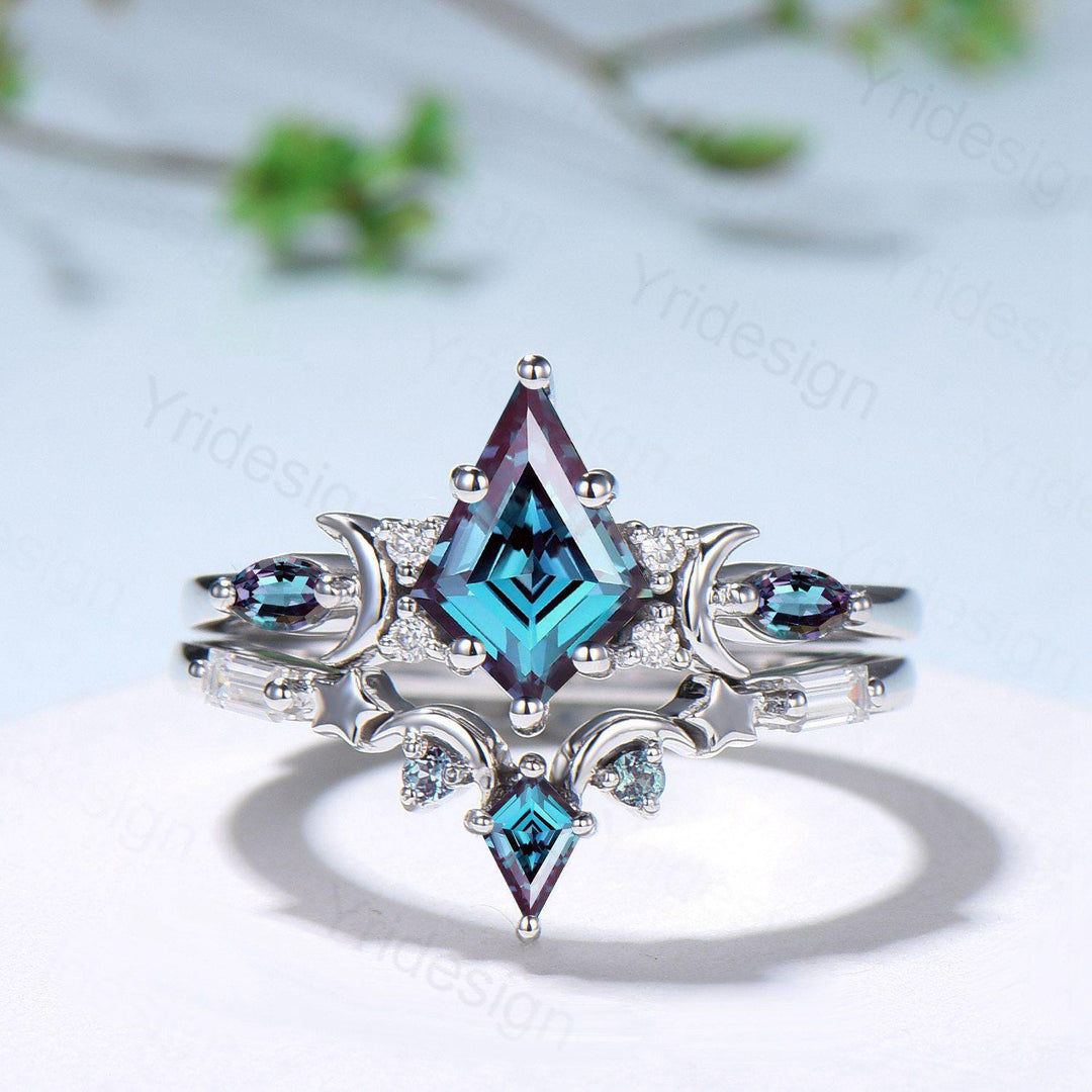 Black gold kite cut alexandrite engagement ring set Crescent moon star color change June birthstone ring unique gothic bridal ring set women - PENFINE