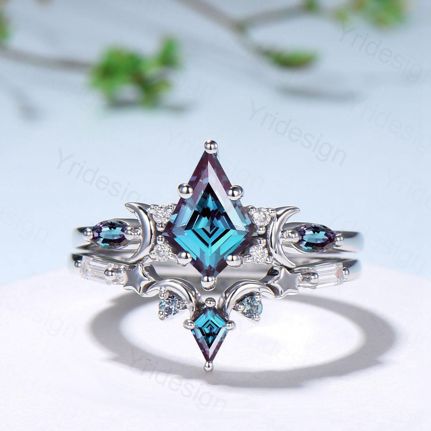 Black gold kite cut alexandrite engagement ring set Crescent moon star color change June birthstone ring unique gothic bridal ring set women - PENFINE
