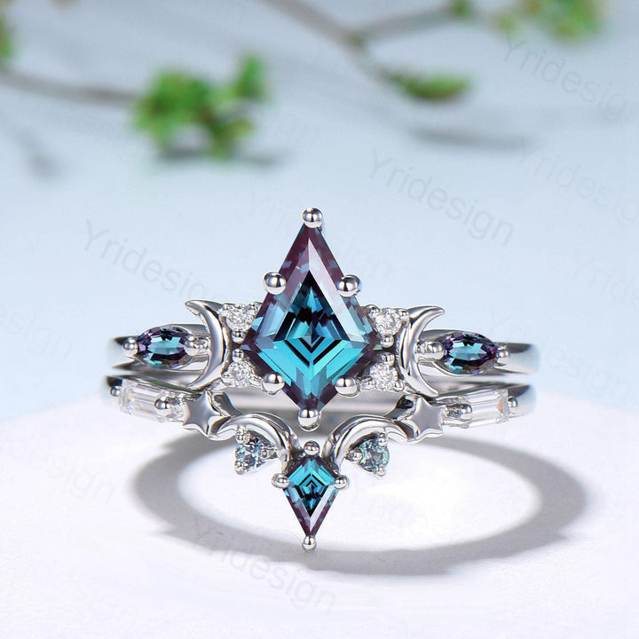Black gold kite cut alexandrite engagement ring set Crescent moon star color change June birthstone ring unique gothic bridal ring set women - PENFINE