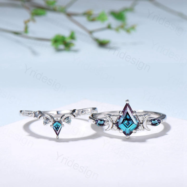 Black gold kite cut alexandrite engagement ring set Crescent moon star color change June birthstone ring unique gothic bridal ring set women - PENFINE