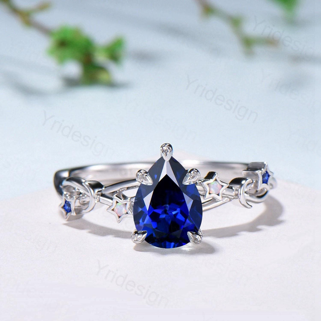 Vintage Blue Sapphire Engagement Ring Pear Shaped 14K White Gold Moon Star Opal Wedding Ring Sep Birthstone September Promise Ring For Women - PENFINE