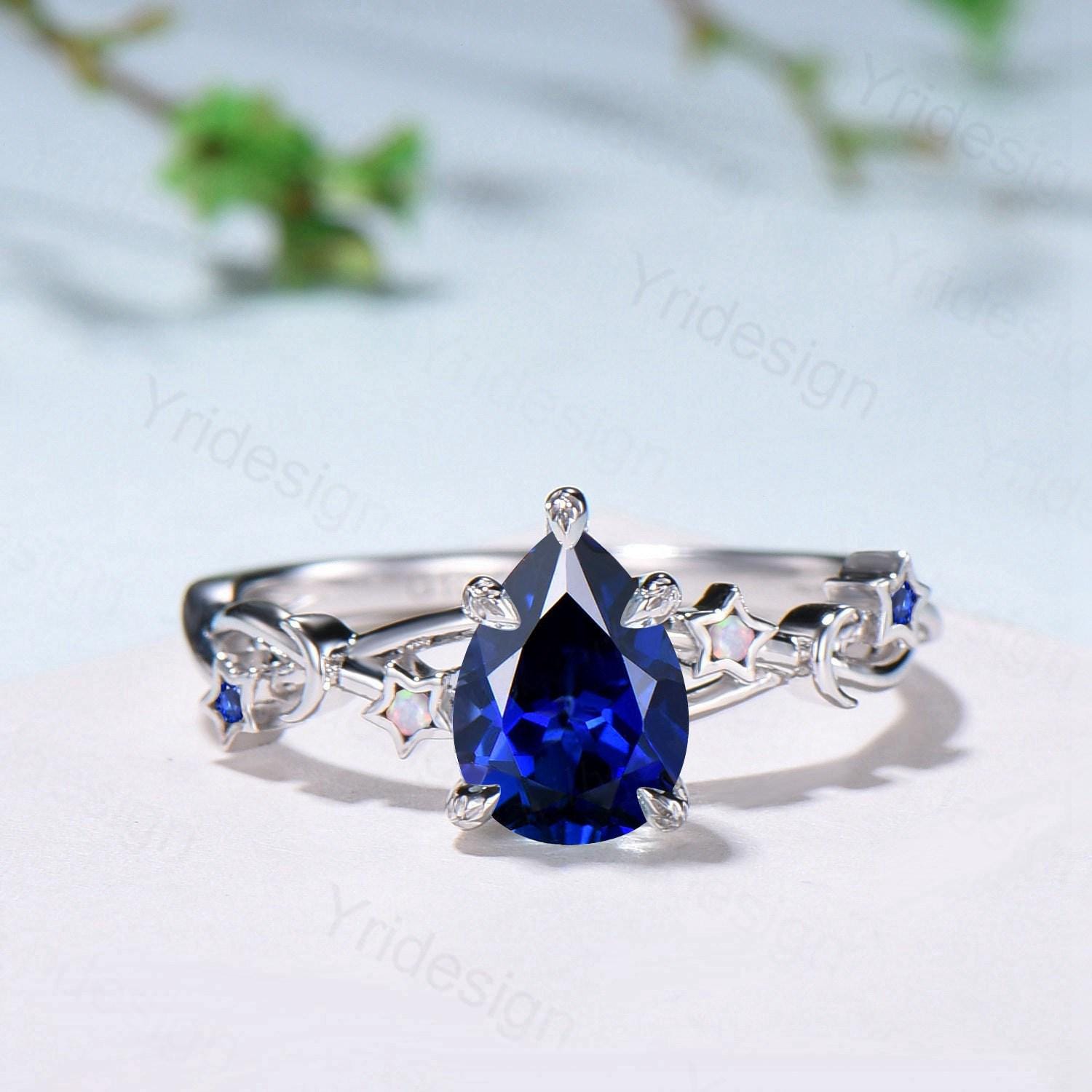 Vintage Blue Sapphire Engagement Ring Pear Shaped 14K White Gold Moon Star Opal Wedding Ring Sep Birthstone September Promise Ring For Women - PENFINE