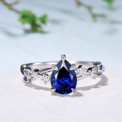 Vintage Blue Sapphire Engagement Ring Pear Shaped 14K White Gold Moon Star Opal Wedding Ring Sep Birthstone September Promise Ring For Women - PENFINE