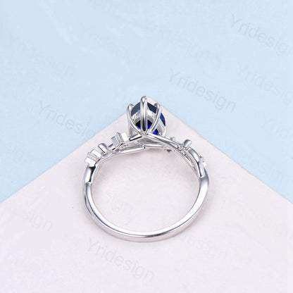 Vintage Blue Sapphire Engagement Ring Pear Shaped 14K White Gold Moon Star Opal Wedding Ring Sep Birthstone September Promise Ring For Women - PENFINE
