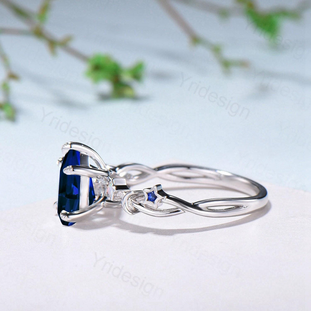 Vintage Blue Sapphire Engagement Ring Pear Shaped 14K White Gold Moon Star Opal Wedding Ring Sep Birthstone September Promise Ring For Women - PENFINE