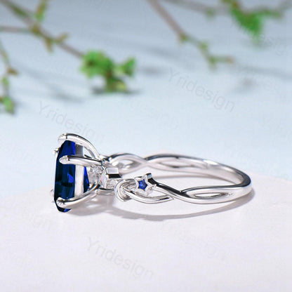 Vintage Blue Sapphire Engagement Ring Pear Shaped 14K White Gold Moon Star Opal Wedding Ring Sep Birthstone September Promise Ring For Women - PENFINE