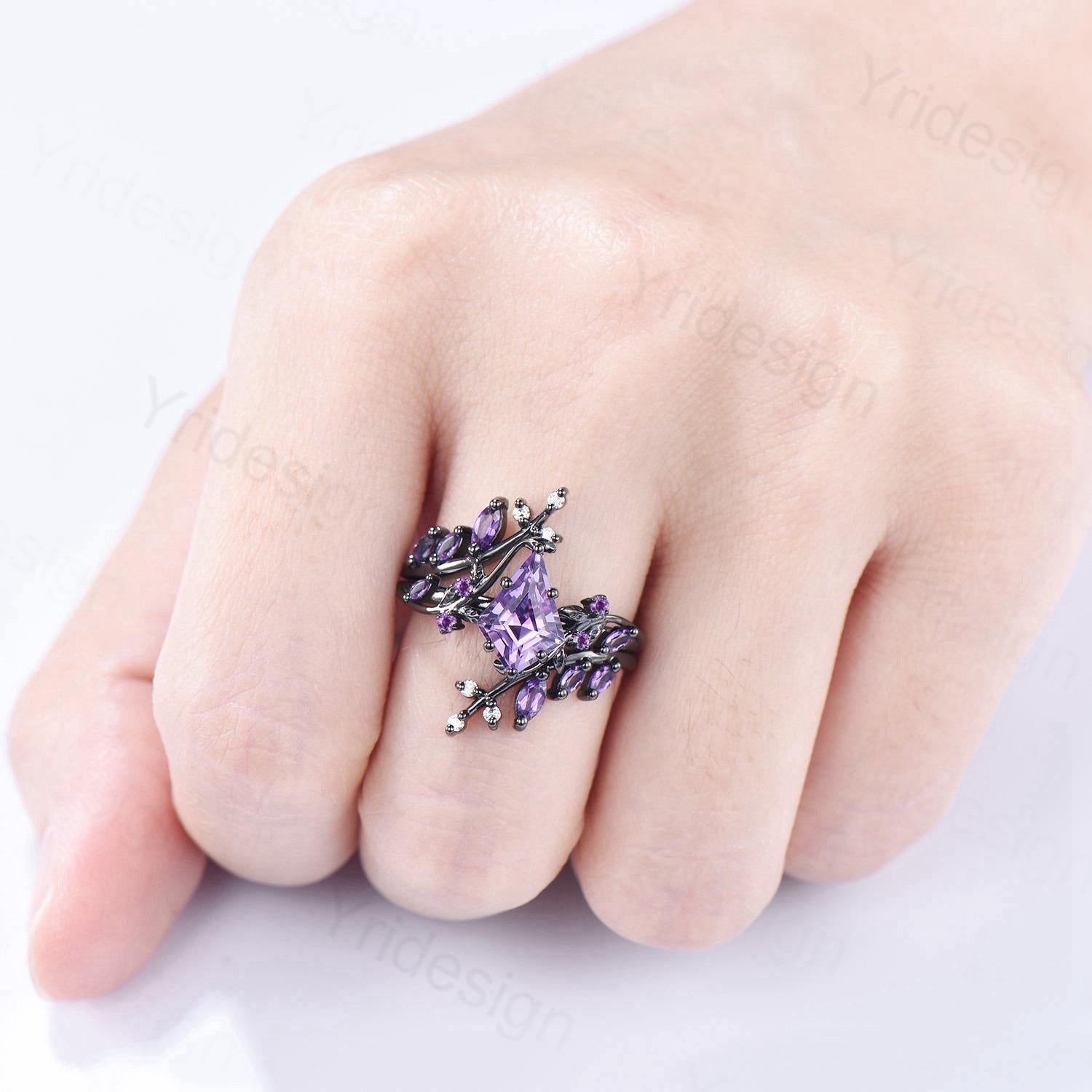 Unique Cage Leafy Amethyst Wedding Ring Set Nature Inspired Kite Cut Amethyst Engagement Ring Black Gold Knight Purple Gemstone Bridal Set - PENFINE