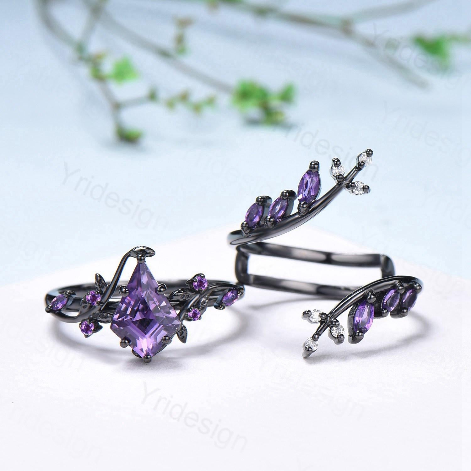Unique Cage Leafy Amethyst Wedding Ring Set Nature Inspired Kite Cut Amethyst Engagement Ring Black Gold Knight Purple Gemstone Bridal Set - PENFINE
