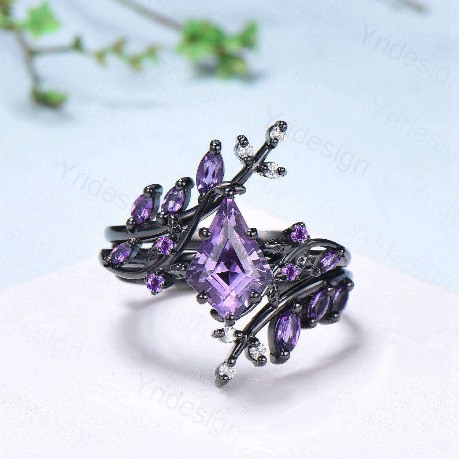 Unique Cage Leafy Amethyst Wedding Ring Set Nature Inspired Kite Cut Amethyst Engagement Ring Black Gold Knight Purple Gemstone Bridal Set - PENFINE