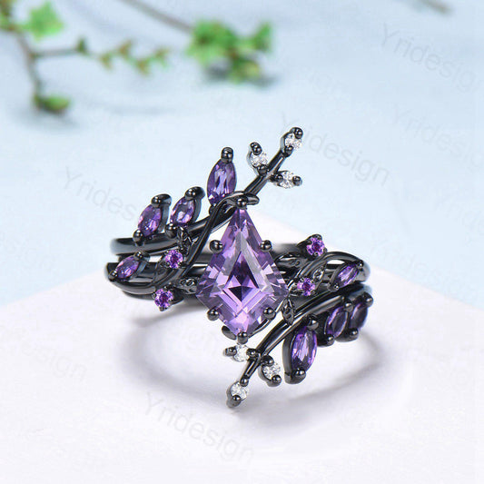 Unique Cage Leafy Amethyst Wedding Ring Set Nature Inspired Kite Cut Amethyst Engagement Ring Black Gold Knight Purple Gemstone Bridal Set - PENFINE