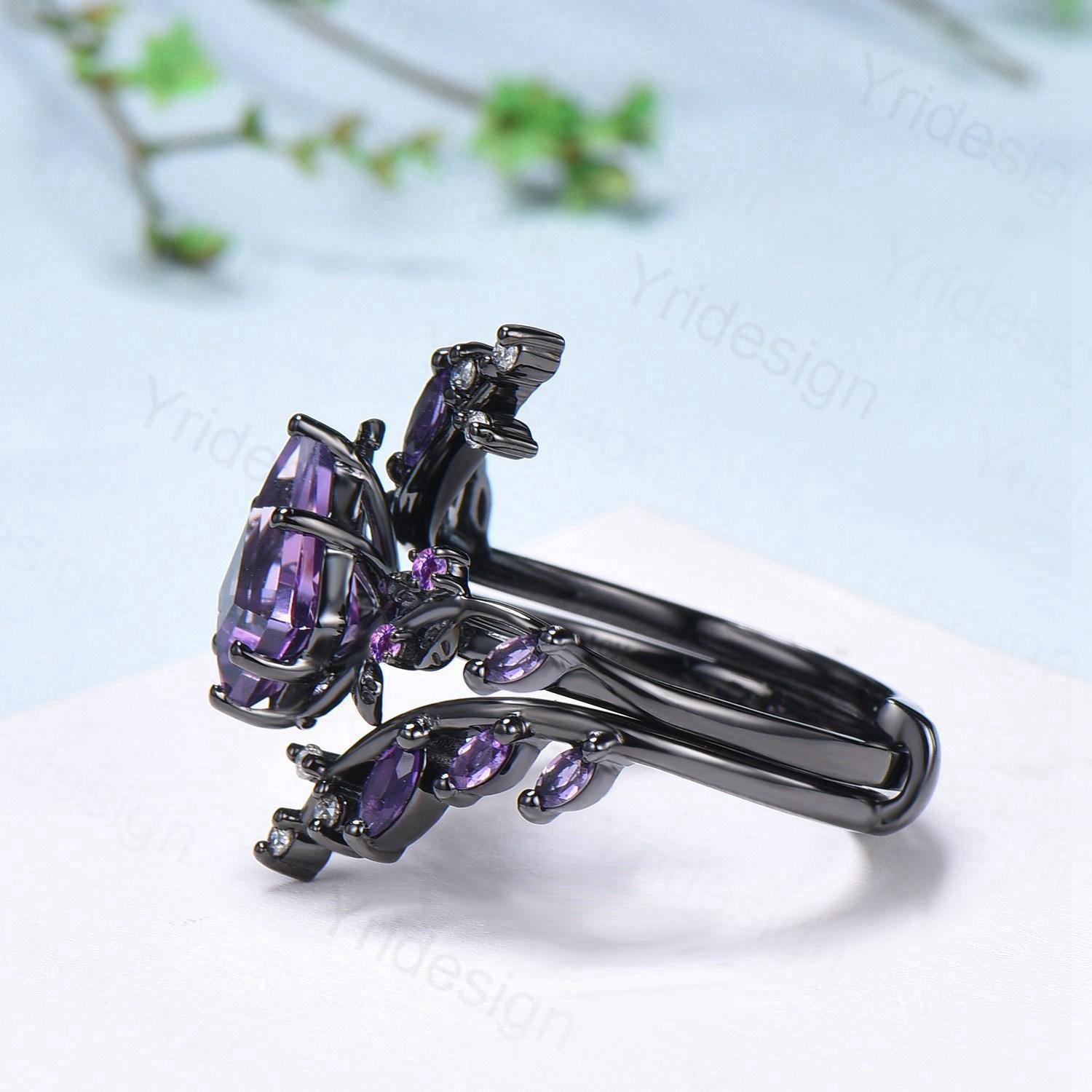 Unique Cage Leafy Amethyst Wedding Ring Set Nature Inspired Kite Cut Amethyst Engagement Ring Black Gold Knight Purple Gemstone Bridal Set - PENFINE