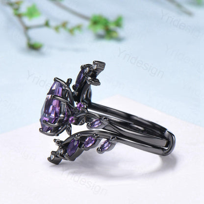 Unique Cage Leafy Amethyst Wedding Ring Set Nature Inspired Kite Cut Amethyst Engagement Ring Black Gold Knight Purple Gemstone Bridal Set - PENFINE