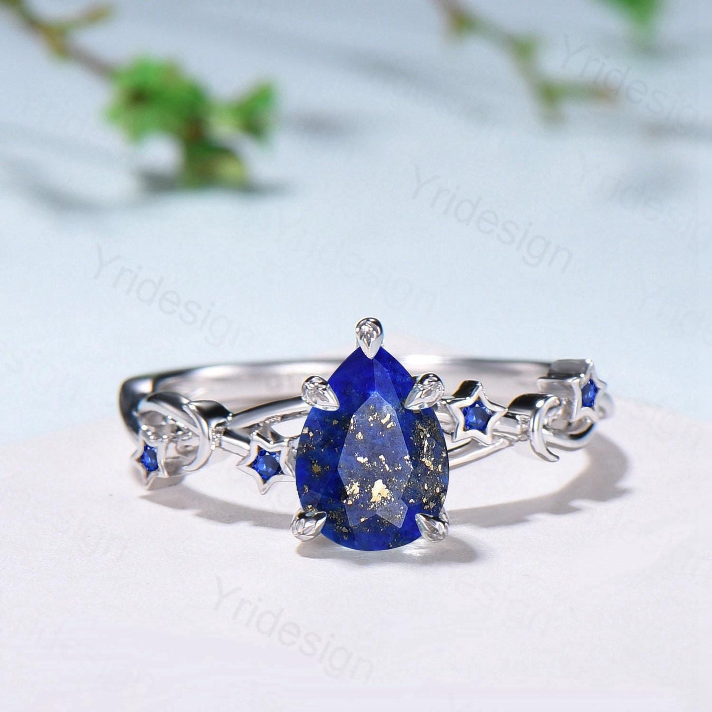 Vintage Pear Shaped Lapis Lazuli Engagement Ring Moon Star Cluster Sapphire Wedding Ring Silver White Gold Blue Gemstone Leaves Prong Ring - PENFINE