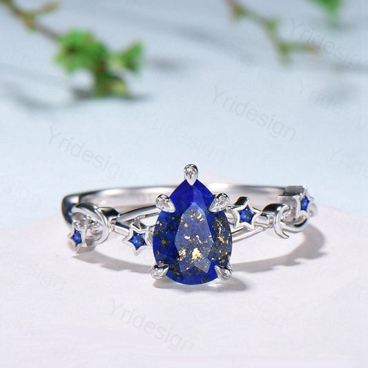 Vintage Pear Shaped Lapis Lazuli Engagement Ring Moon Star Cluster Sapphire Wedding Ring Silver White Gold Blue Gemstone Leaves Prong Ring - PENFINE