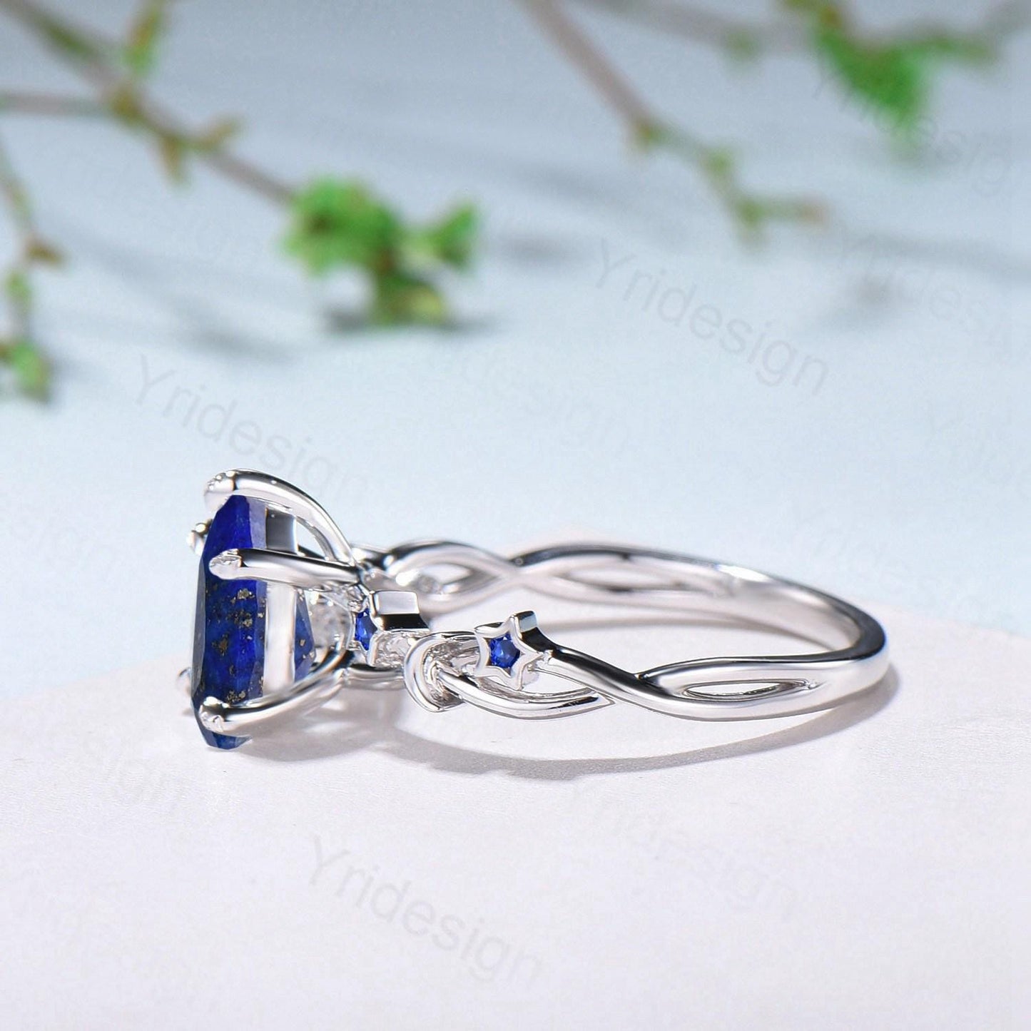 Vintage Pear Shaped Lapis Lazuli Engagement Ring Moon Star Cluster Sapphire Wedding Ring Silver White Gold Blue Gemstone Leaves Prong Ring - PENFINE