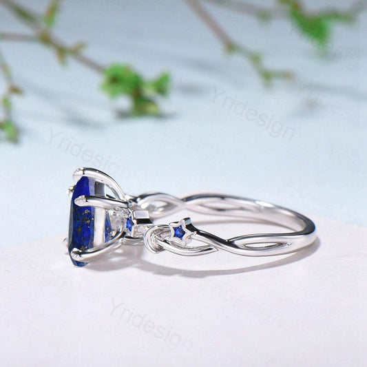 Vintage Pear Shaped Lapis Lazuli Engagement Ring Moon Star Cluster Sapphire Wedding Ring Silver White Gold Blue Gemstone Leaves Prong Ring - PENFINE