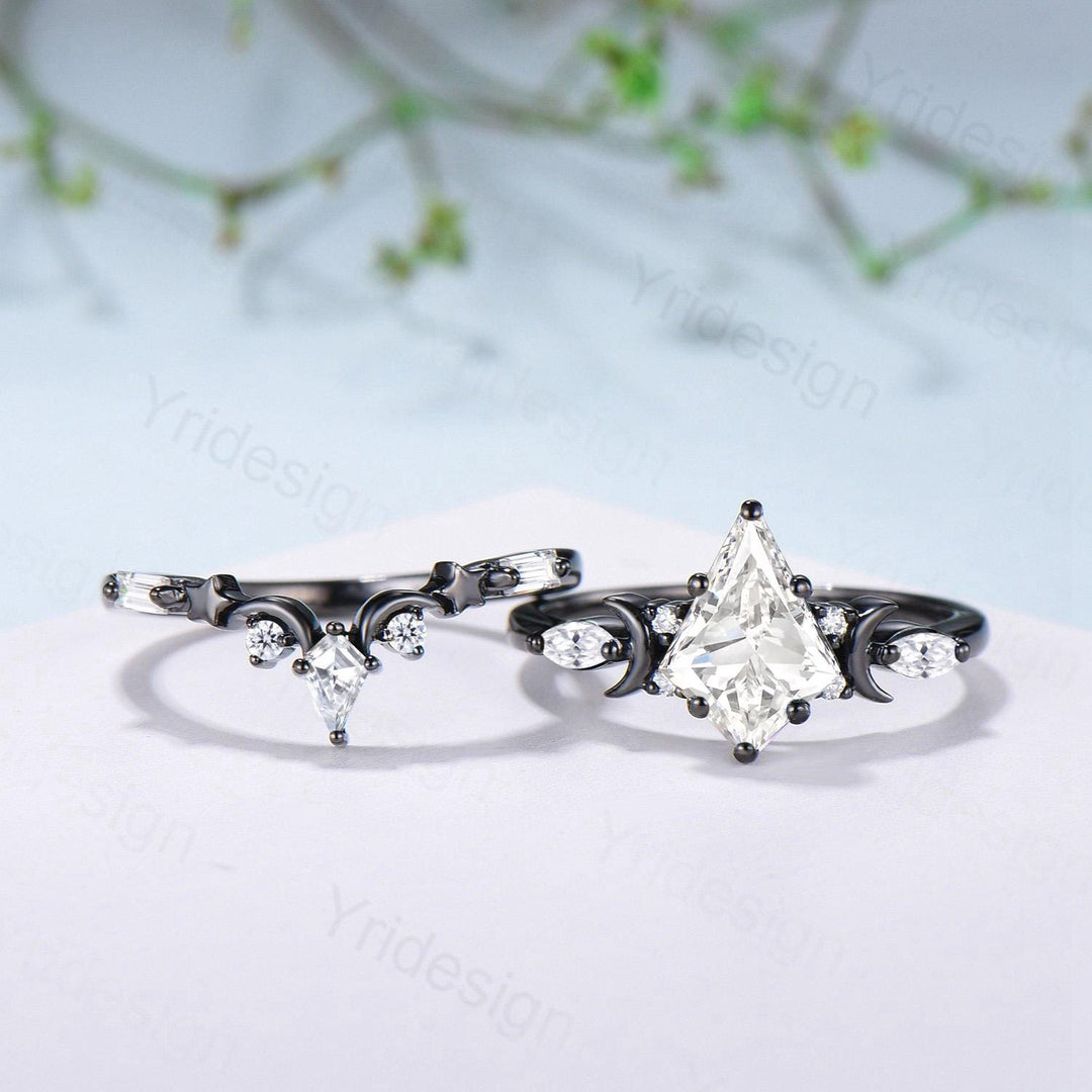 Vintage 14K Black Gold Kite Cut Diamond Engagement Ring Set Lab Grown Diamond Wedding Ring IGI Certificate Moons and Star Diamond Ring Set - PENFINE