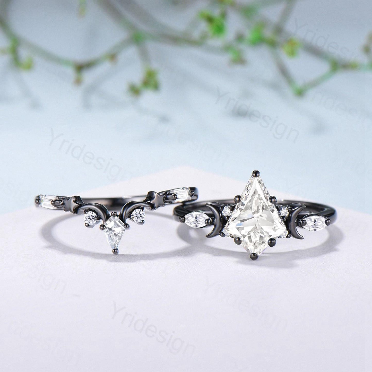 Vintage 14K Black Gold Kite Cut Diamond Engagement Ring Set Lab Grown Diamond Wedding Ring IGI Certificate Moons and Star Diamond Ring Set - PENFINE