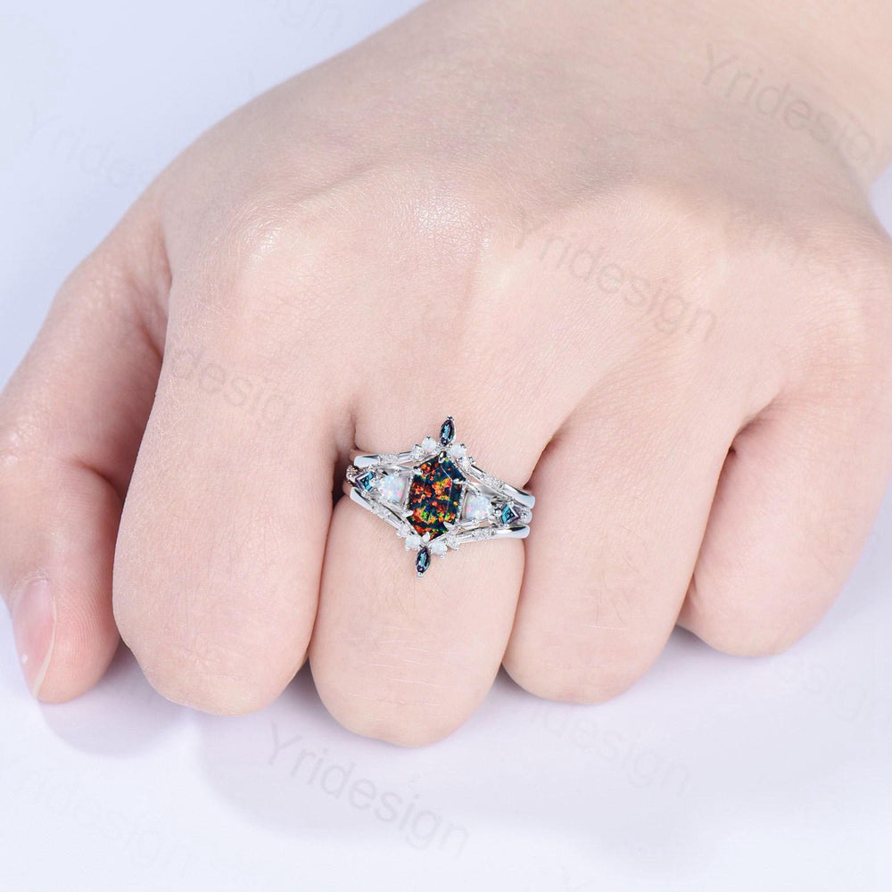 Vintage 5X9mm long hexagon black opal engagement ring set unique triangle white opal kite alexandrite wedding set enhancer band bridal set - PENFINE