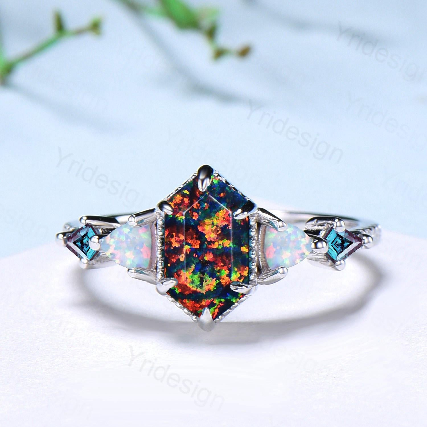 Vintage 5X9mm long hexagon black opal engagement ring set unique triangle white opal kite alexandrite wedding set enhancer band bridal set - PENFINE