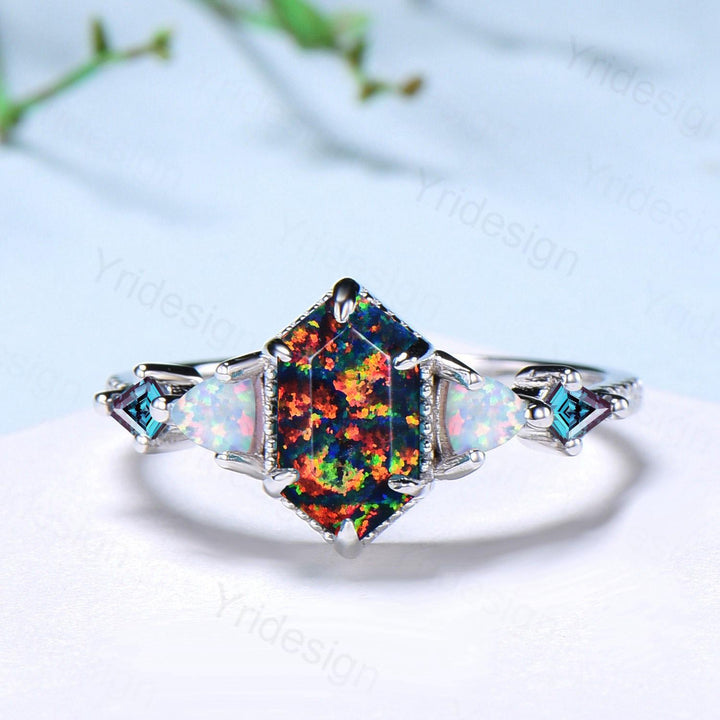 Vintage 5X9mm long hexagon black opal engagement ring set unique triangle white opal kite alexandrite wedding set enhancer band bridal set - PENFINE