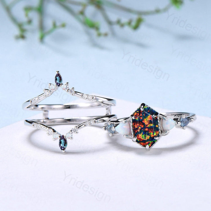 Vintage 5X9mm long hexagon black opal engagement ring set unique triangle white opal kite alexandrite wedding set enhancer band bridal set - PENFINE