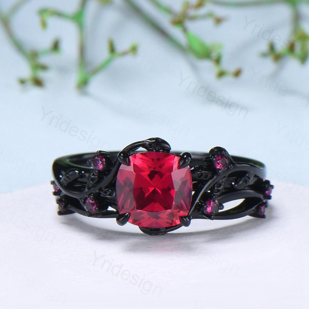 Unique gothic cushion cut ruby wedding ring set black gold natural inspired ruby engagement ring for women unique July birthstone bridal set - PENFINE