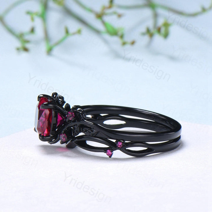 Unique gothic cushion cut ruby wedding ring set black gold natural inspired ruby engagement ring for women unique July birthstone bridal set - PENFINE