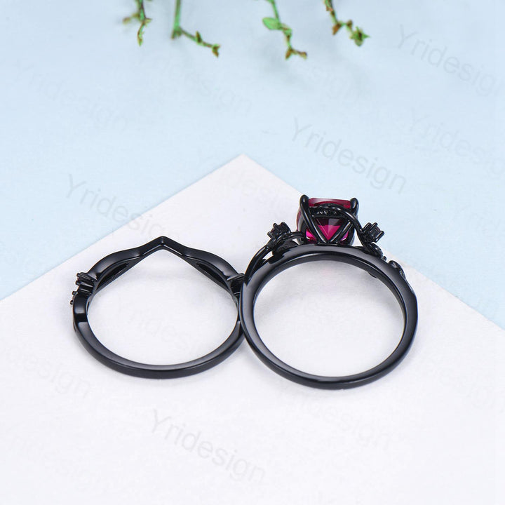 Unique gothic cushion cut ruby wedding ring set black gold natural inspired ruby engagement ring for women unique July birthstone bridal set - PENFINE
