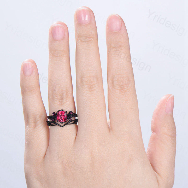 Unique gothic cushion cut ruby wedding ring set black gold natural inspired ruby engagement ring for women unique July birthstone bridal set - PENFINE