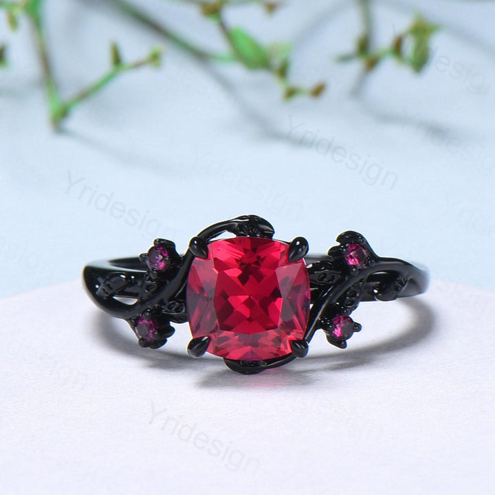 Unique gothic cushion cut ruby wedding ring set black gold natural inspired ruby engagement ring for women unique July birthstone bridal set - PENFINE