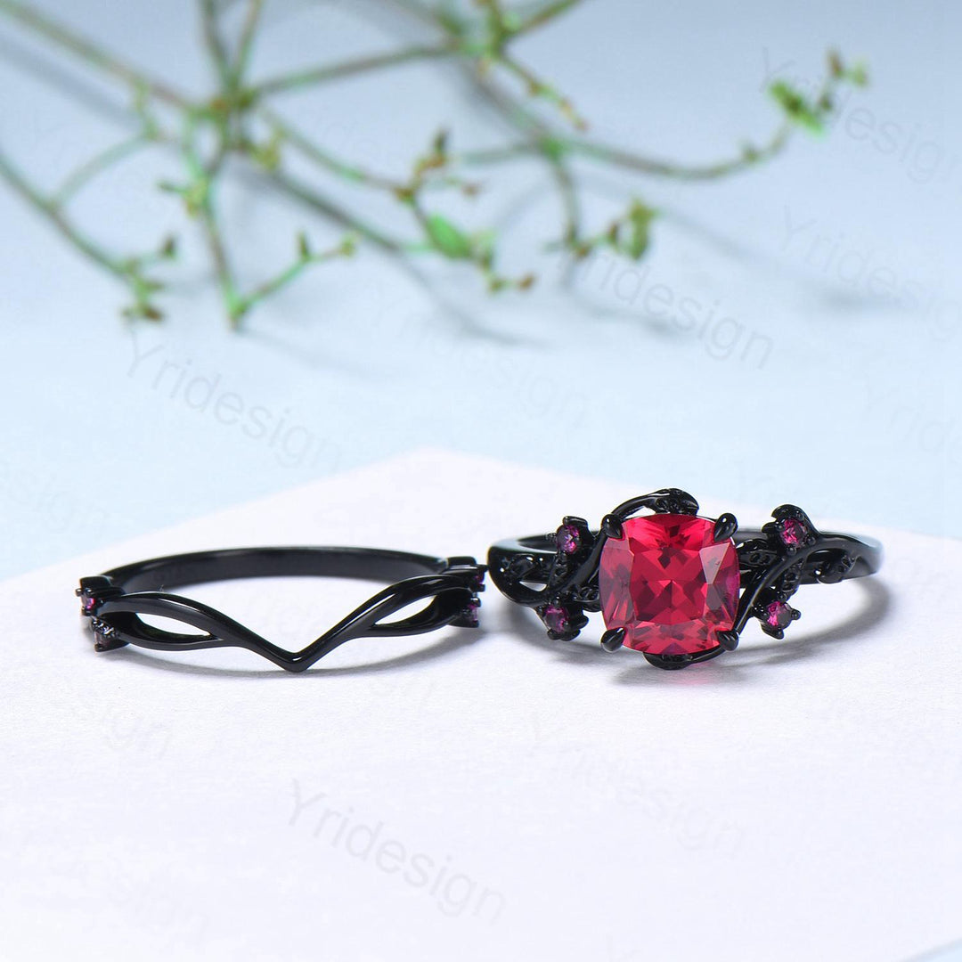 Unique gothic cushion cut ruby wedding ring set black gold natural inspired ruby engagement ring for women unique July birthstone bridal set - PENFINE