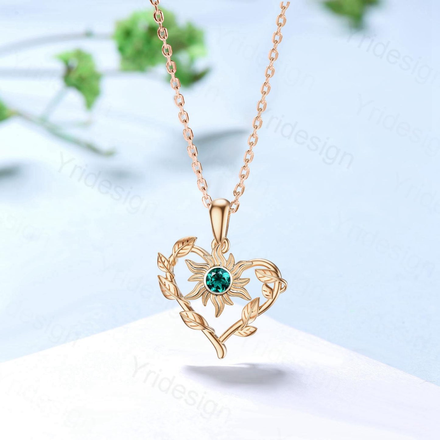 Unique Nature Inspired Emerald Necklace Elegant Sunflower May Birthstone Necklace Pendant Leaf Vine Anniversary Gift Art Deco Silver Pendant - PENFINE
