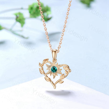 Unique Nature Inspired Emerald Necklace Elegant Sunflower May Birthstone Necklace Pendant Leaf Vine Anniversary Gift Art Deco Silver Pendant - PENFINE