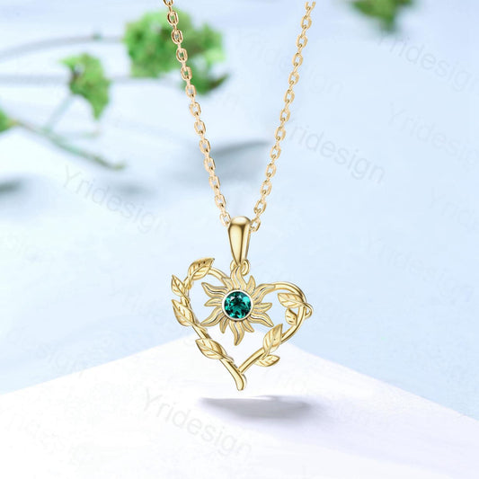Unique Nature Inspired Emerald Necklace Elegant Sunflower May Birthstone Necklace Pendant Leaf Vine Anniversary Gift Art Deco Silver Pendant - PENFINE