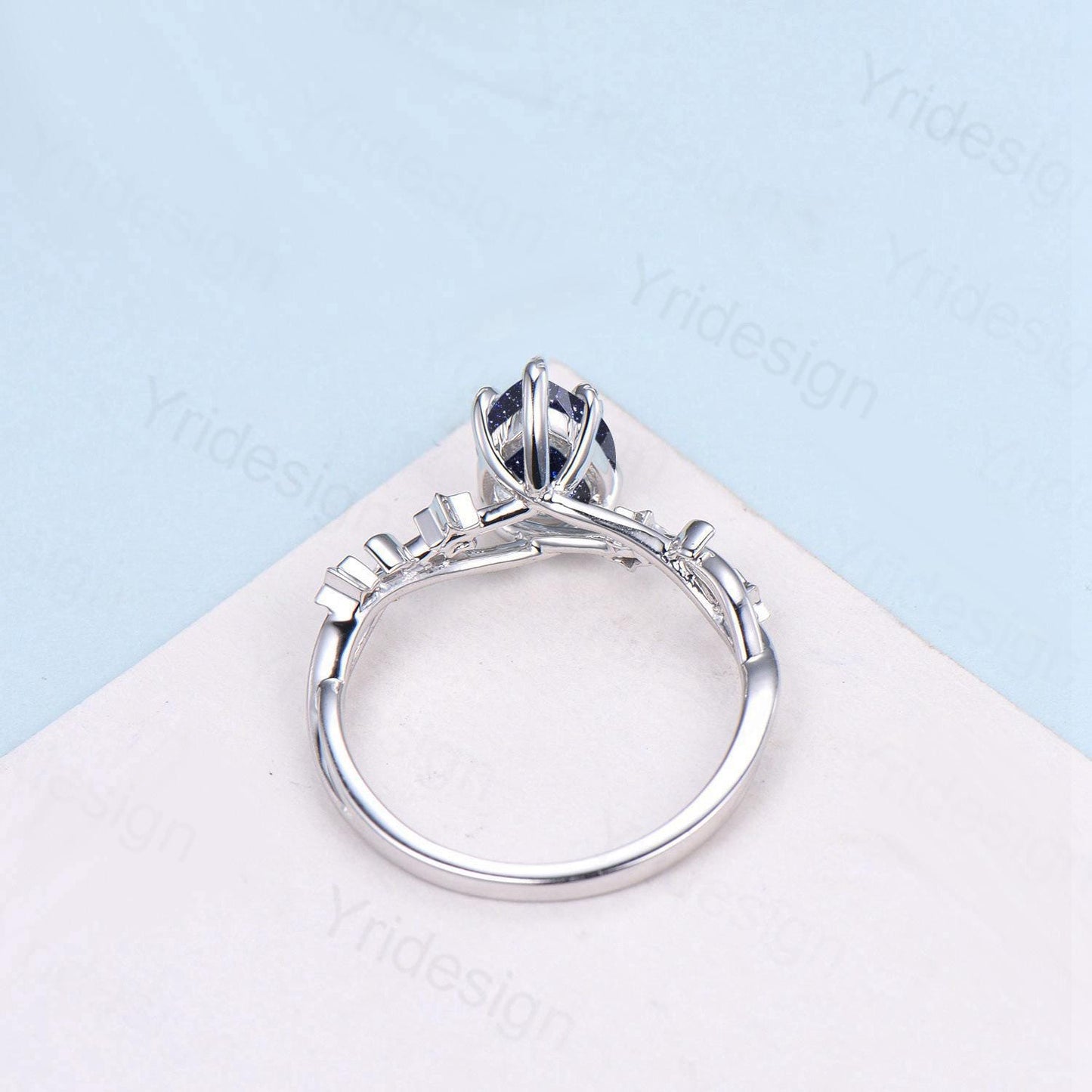 Elegant Pear Shaped Blue Sandstone Ring Vintage Moon Star Blue Goldstone Engagement Ring Leaf Vine Wedding Ring Blue Sapphire Promise Ring - PENFINE