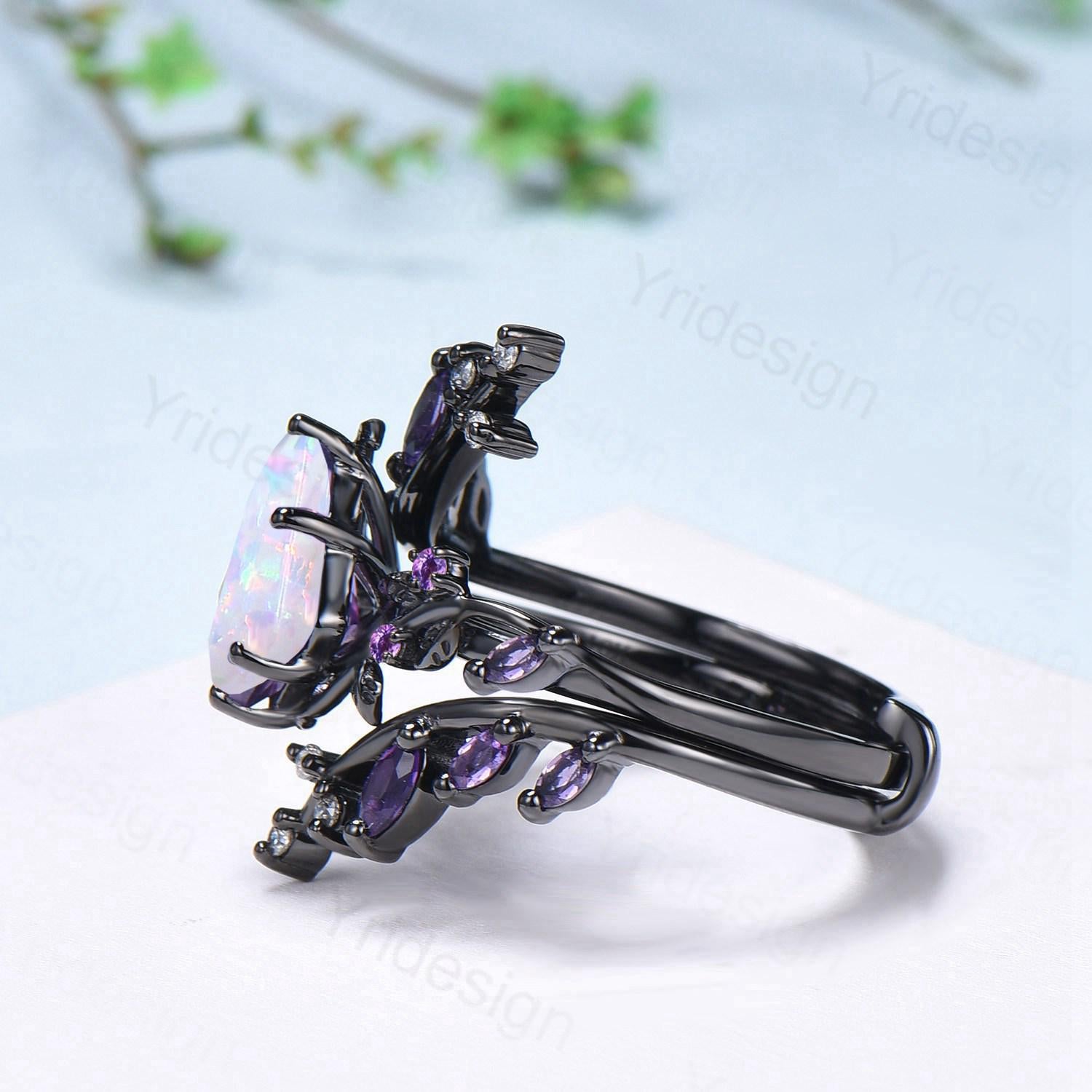 Unique Cage Leafy White Opal Wedding Ring Set Nature Inspired Kite Fire Opal Engagement Ring Black Gold Knight Bridal Set Anniversary Gift - PENFINE