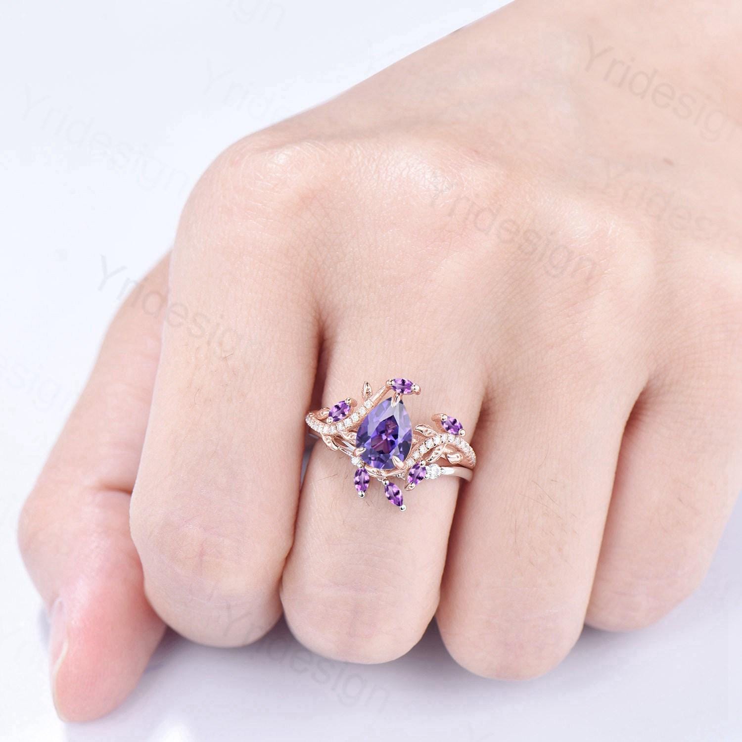 Vintage Pear Shaped Purple Sapphire Engagement Ring Set Nature Inspired Snake Eternity Wedding Set Amethyst Bridal Ring Set Twig Branch Ring - PENFINE