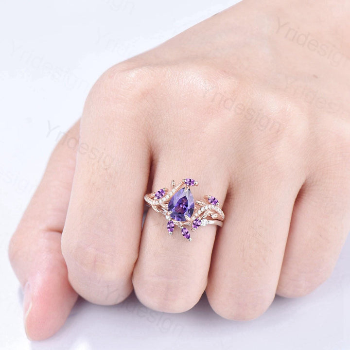 Vintage Pear Shaped Purple Sapphire Engagement Ring Set Nature Inspired Snake Eternity Wedding Set Amethyst Bridal Ring Set Twig Branch Ring - PENFINE