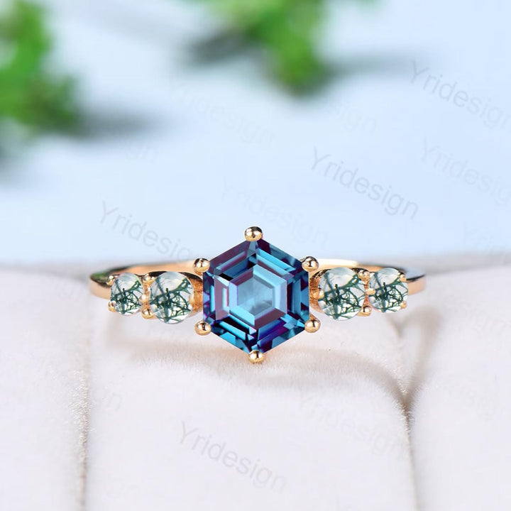 Vintage Alexandrite Engagement Ring Hexagon Cut Five Stone Promise Ring Accent Moss Agate/Emerald/Ruby/Amethyst/Opal Moonstone Bridal Ring - PENFINE