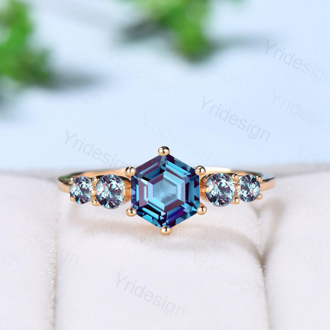 Vintage Alexandrite Engagement Ring Hexagon Cut Five Stone Promise Ring Accent Moss Agate/Emerald/Ruby/Amethyst/Opal Moonstone Bridal Ring - PENFINE