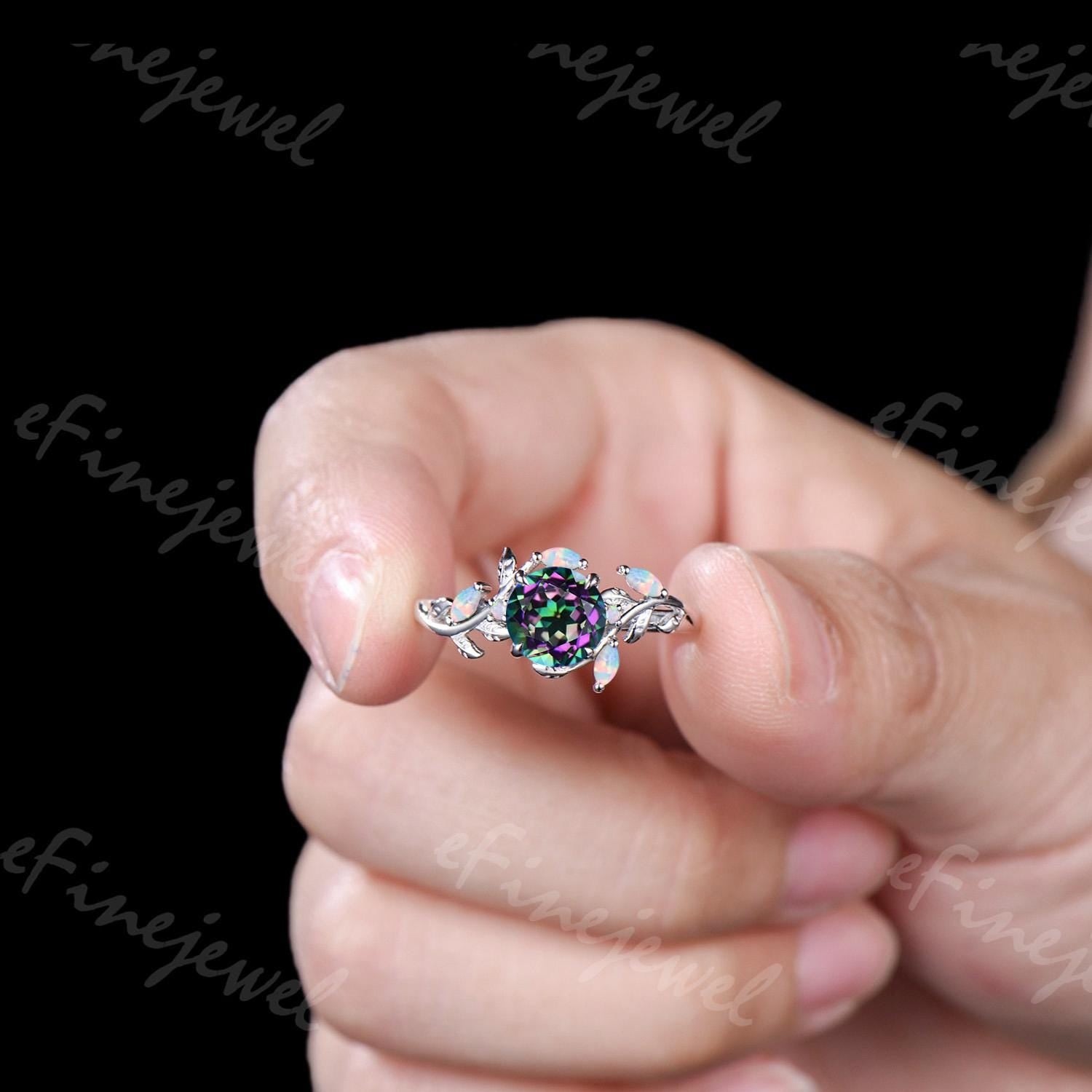 Nature Inpired Mystic Topaz Engagement Ring, Marquise Opal Twig Vine Band Wedding Band