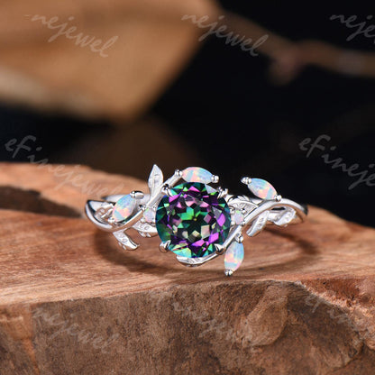 Nature Inpired Mystic Topaz Engagement Ring, Marquise Opal Twig Vine Band Wedding Band
