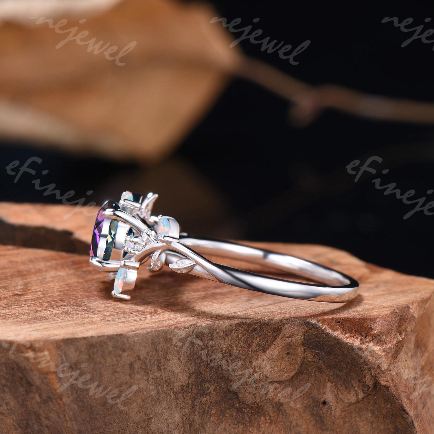 Nature Inpired Mystic Topaz Engagement Ring, Marquise Opal Twig Vine Band Wedding Band